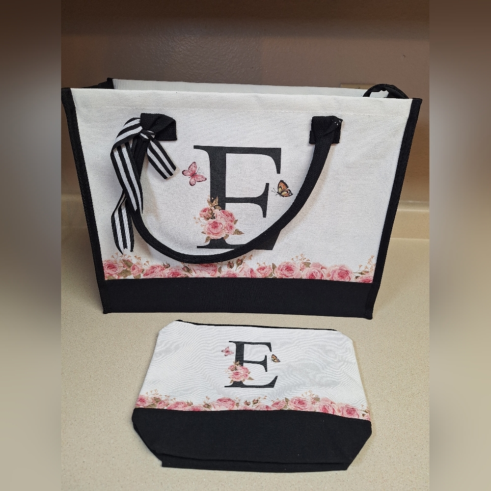 Black and White Tote Set with Monogram and Floral Accents
